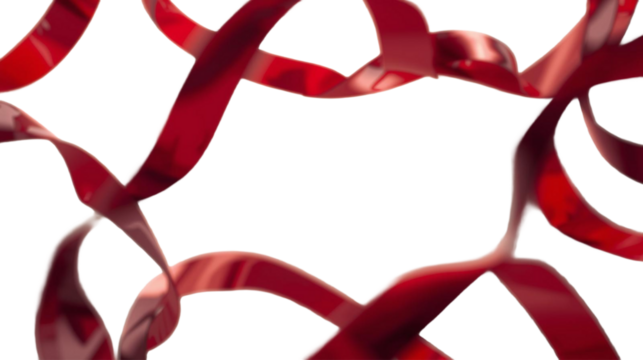 Loose red satin ribbons sweep through open space, soft curls drifting diagonally across white with gentle highlights and plenty of air around the bright, flowing strands