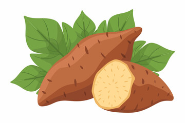 Delicious Sweet Potatoes with Fresh Green Leaves Nutrition and Healthy Eating Concept Featuring a Cut Sweet Potato