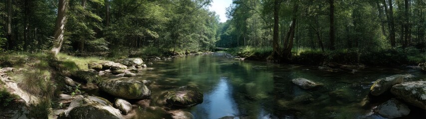 Serene river bend surrounded by lush trees in hdri panoramic viewpoint for nature photography