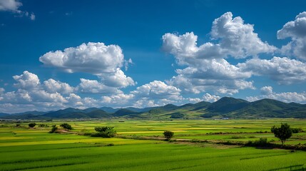 Fototapeta premium Awesome photo of lush green fields and puffy white clouds create a serene landscape view.