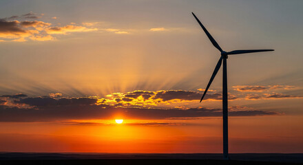 Silhouette of a wind turbine at sunset with vibrant colors and clouds.