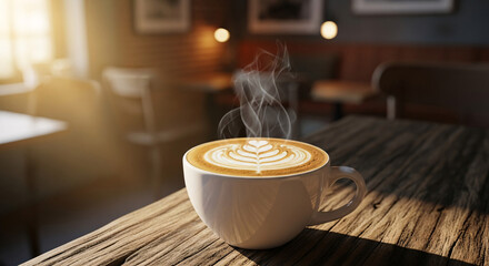 A steaming cup of coffee with intricate latte art sits on a rustic wooden table, illuminated by warm morning sunlight in a cozy cafe.