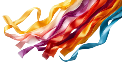 Flowing ribbons sweep diagonally across white—gold, orange, rose, and violet slipping past cool blue—silky strands curling and cascading with bright, buoyant motion