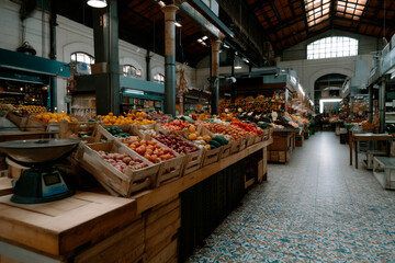 Cajas de madera con frutas y verduras frescas en interior de mercado tradicional