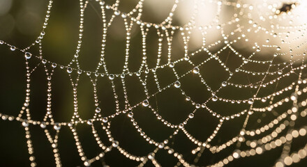 A close-up view of a dew-covered spider web, glistening in the soft morning light.