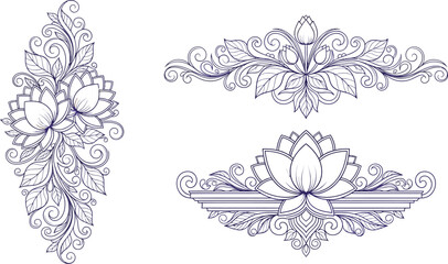 Elegant floral ornamental designs with blooming lotus flowers and swirling leaves