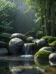 Zen garden with waterfall and bamboo