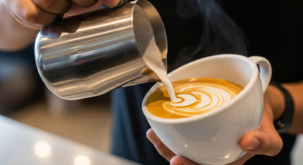 A barista carefully pours steamed milk into a freshly brewed espresso, creating a beautiful latte art pattern in a white ceramic cup.