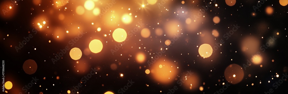 Poster golden bokeh lights sparkle in a dark setting creating a warm atmosphere.