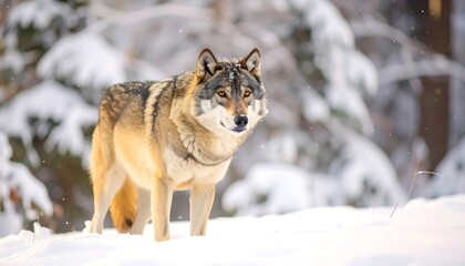 Wolf stands alert in snowy forest landscape, with winter trees as backdrop