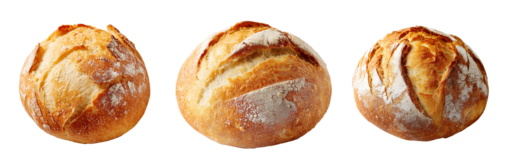 Three rustic round loaves of crusty bread with flour dusting isolated on a transparent background loaf