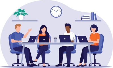 Diverse team collaborating and working together on laptops in a modern office meeting room