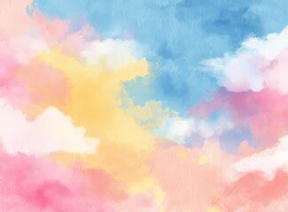 A beautiful watercolor depiction of a vibrant sky filled with fluffy clouds in soft pastel colors inspiring a sense of calm and wonder
