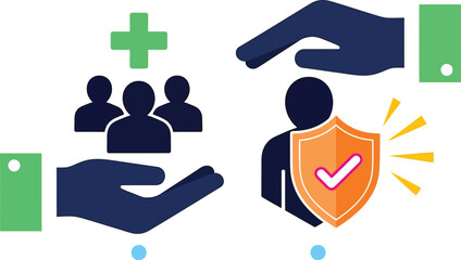 Hands offering protection and care to individuals, symbolizing health insurance and well-being.