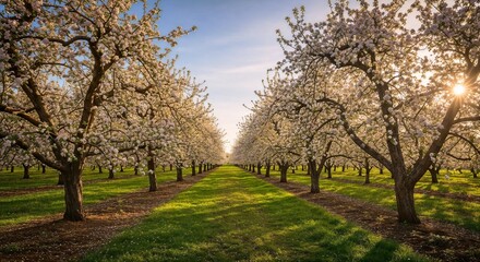 Fototapeta premium Blossoming orchard trees forming a bright symmetrical spring alley.