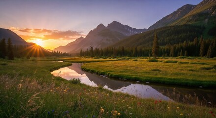 Serene river winding through a lush green valley at sunset.