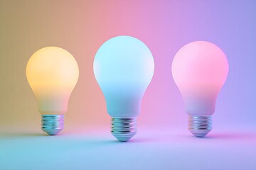 Three vibrant light bulbs glow in warm and cool shades creating a captivating display of color and light