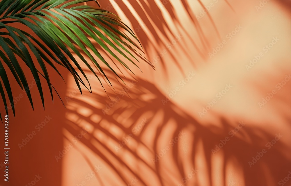 Poster shadows of palm leaves creating patterns on a warm textured wall.