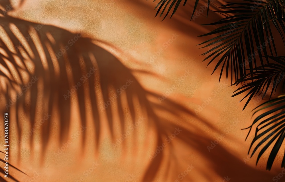 Poster shadows of palm leaves creating patterns on a warm textured wall