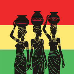 African women carrying water pots traditional culture silhouette with colorful ethnic background