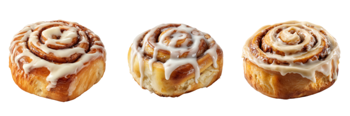 Three frosted cinnamon rolls with swirling dough and icing drizzles isolated on a transparent background