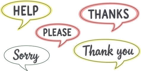 Collection of polite words and phrases in speech bubbles for communication