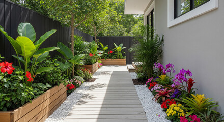 Fototapeta premium A beautifully landscaped garden with a walkway and vibrant flowers. The scene is a testament to the artistry of gardening, showcasing colorful blooms and carefully arranged greenery