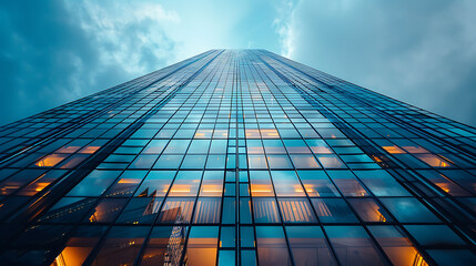 Skyscraper with City, Evening, and Glass Facade.