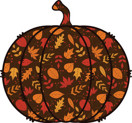 Fall leaves pumpkin illustration. Hand drawn autumn leaves arranged inside pumpkin design for decoration, invitation, poster and greeting