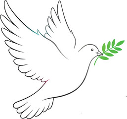 Symbol of peace, a white dove flies with a green olive branch in its beak, representing hope and tranquility.