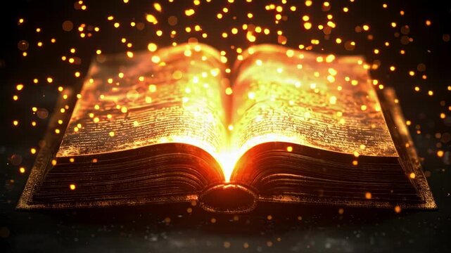 Discover the secrets within a glowing magic book that reveals enchanting tales and powerful spells in a mystical setting