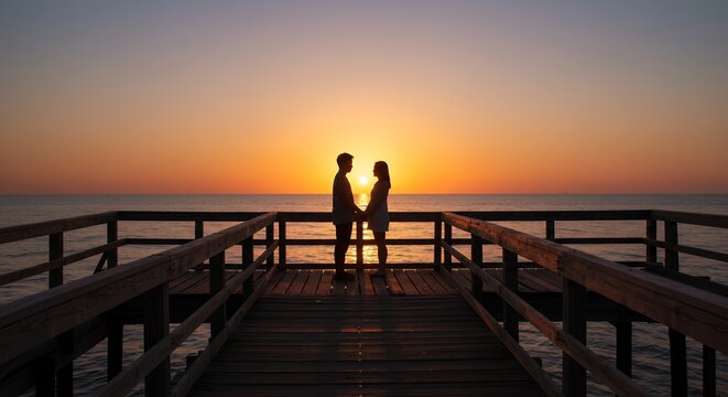 Couple holding hands at sunrise pier