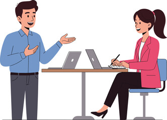 Office meeting, man and woman discussing work at desk, business collaboration, teamwork, laptop workspace, modern communication, productivity session