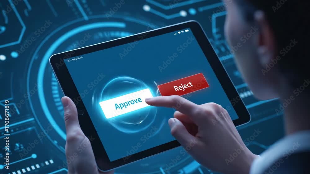 Poster Digital Approval Rejection Process - Close-up of a person's hand using a tablet to make a decision, choosing between 