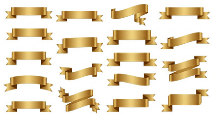 A set of elegant gold scrolls and ribbons, isolated on a white backdrop to signify quality and luxury.