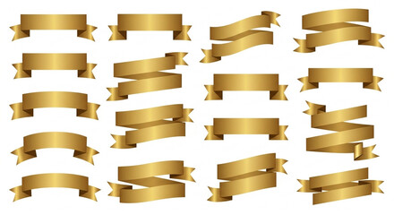 High-quality graphic assets featuring lustrous golden ribbons in different styles for branding and promotions.