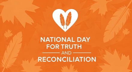 Orange background design with a heart and feathers symbolizing remembrance and awareness of Indigenous heritage and unity