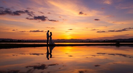 Couple silhouette sunset lakeside