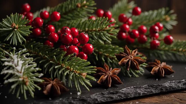 Festive Christmas Decoration with Pine, Berries, and Star Anise - Close-up of a Christmas arrangement featuring fresh pine branches adorned with red berries and star anise, resting on a dark stone