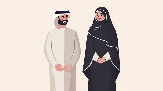 Illustration of an Emirati Couple in Traditional Dress, Man in Kandura and Woman in Abaya, Standing Side by Side