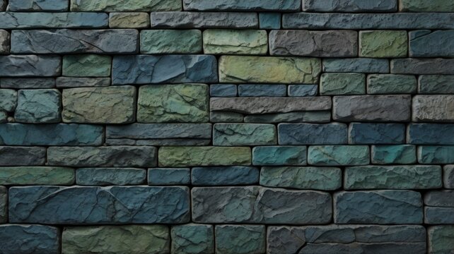 Textured, weathered stone wall background in cool blues and greens offers rustic charm and natural appeal.