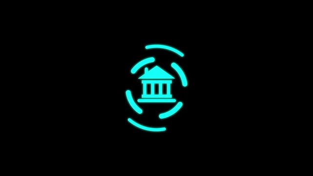 Cyan color bank building icon animation. bank building icon concept on black background