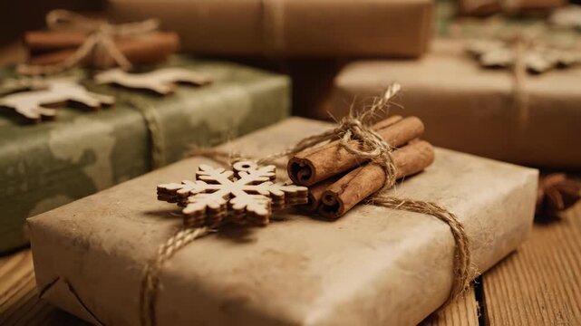 Rustic Christmas Gifts Eco-Friendly Packaging - Close-up of Christmas presents wrapped in eco-friendly brown paper, decorated with cinnamon sticks, twine, and wooden ornaments.
