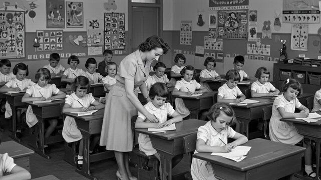 Vintage classroom scene with teacher assisting students at their desks in black and white