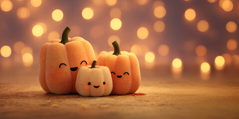Some cute halloween pumpkins with smiling faces. Cozy autumn atmosphere. Warm orange glow. Cartoon style. Plush pumpkins. Family atmosphere.