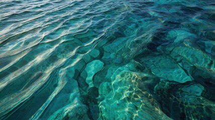 Fototapeta premium Crystal clear turquoise ocean waves revealing sandy seabed with mesmerizing light patterns, pure natural beauty.