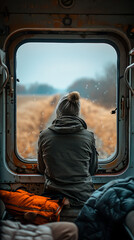 Train window view of traveler.