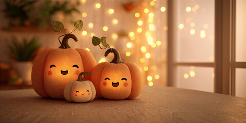 Some cute halloween pumpkins with smiling faces. Cozy autumn atmosphere. Warm orange glow. Cartoon style. Plush pumpkins. Family atmosphere.