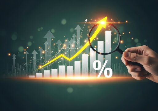 A magnifying glass examines a rising bar graph with a percentage sign, symbolizing financial growth, investment returns, and economic performance analysis
