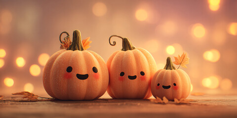 Some cute halloween pumpkins with smiling faces. Cozy autumn atmosphere. Warm orange glow. Cartoon style. Plush pumpkins. Family atmosphere.